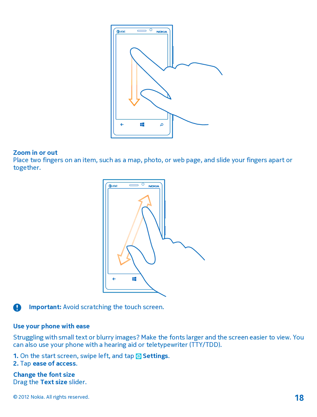 Nokia 920 manual Zoom in or out, Use your phone with ease, Tap ease of access Change the font size 