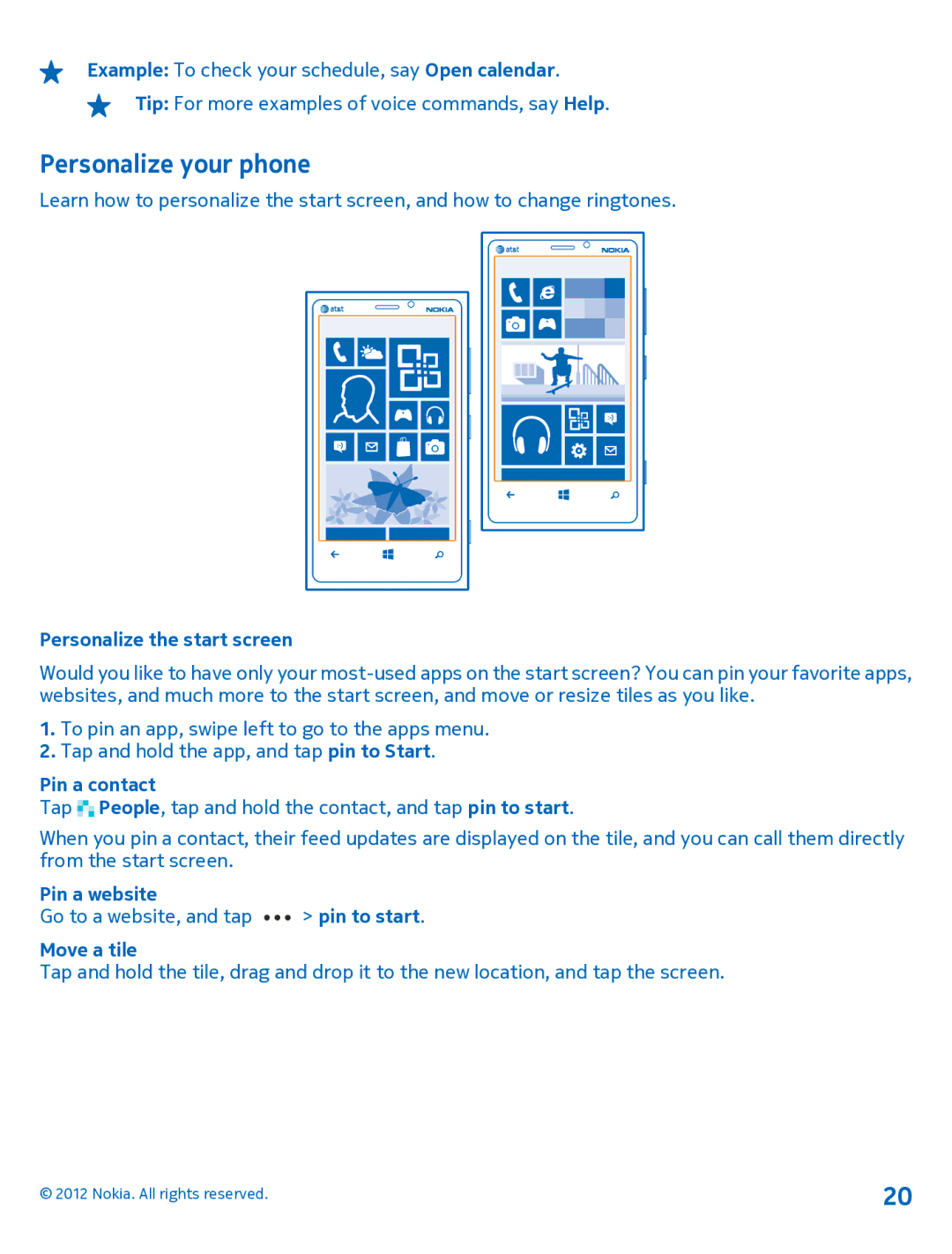 Nokia 920 manual Personalize your phone, Personalize the start screen, Pin a contact, Pin a website, Move a tile 