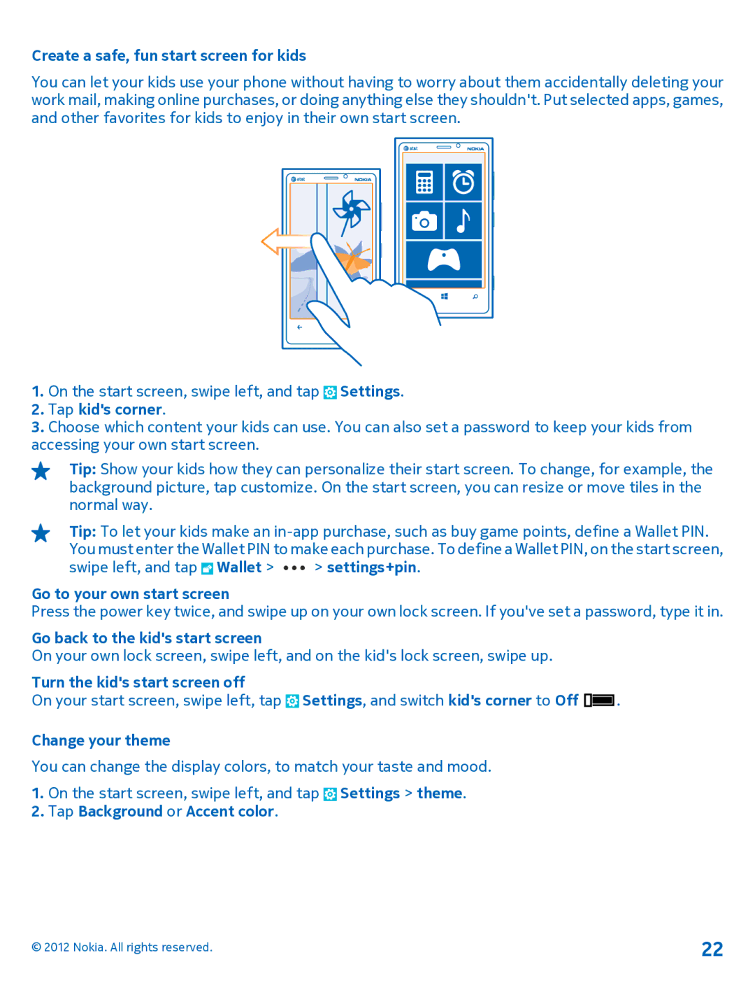 Nokia 920 manual Create a safe, fun start screen for kids, Tap kids corner, Go to your own start screen, Change your theme 