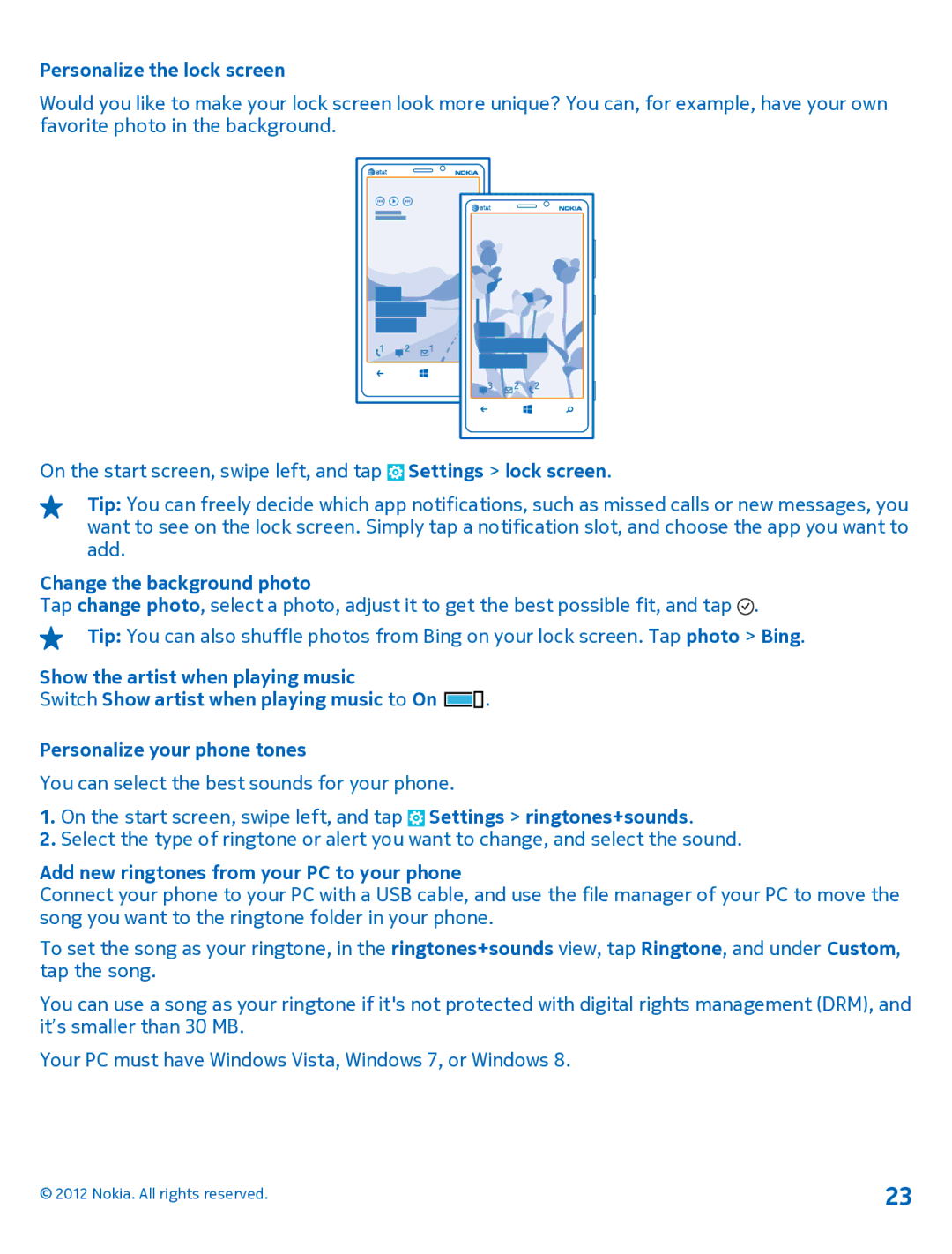 Nokia 920 manual Personalize the lock screen, Change the background photo, Add new ringtones from your PC to your phone 