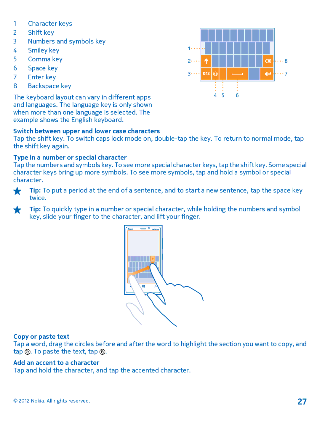 Nokia 920 manual Switch between upper and lower case characters, Type in a number or special character, Copy or paste text 