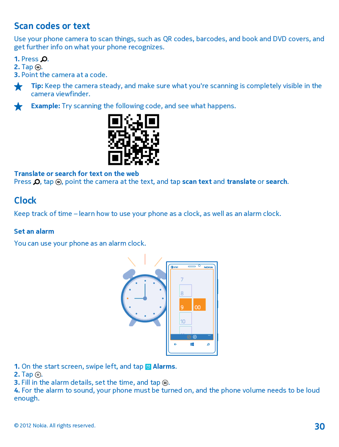 Nokia 920 manual Scan codes or text, Clock, Translate or search for text on the web, Set an alarm 