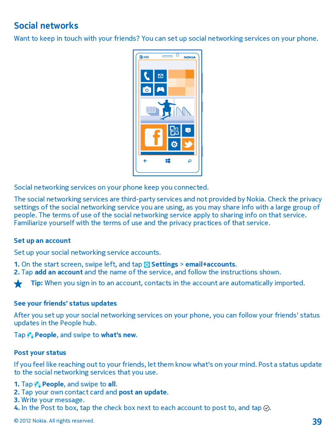 Nokia 920 manual Social networks, Set up an account, See your friends status updates, Post your status 