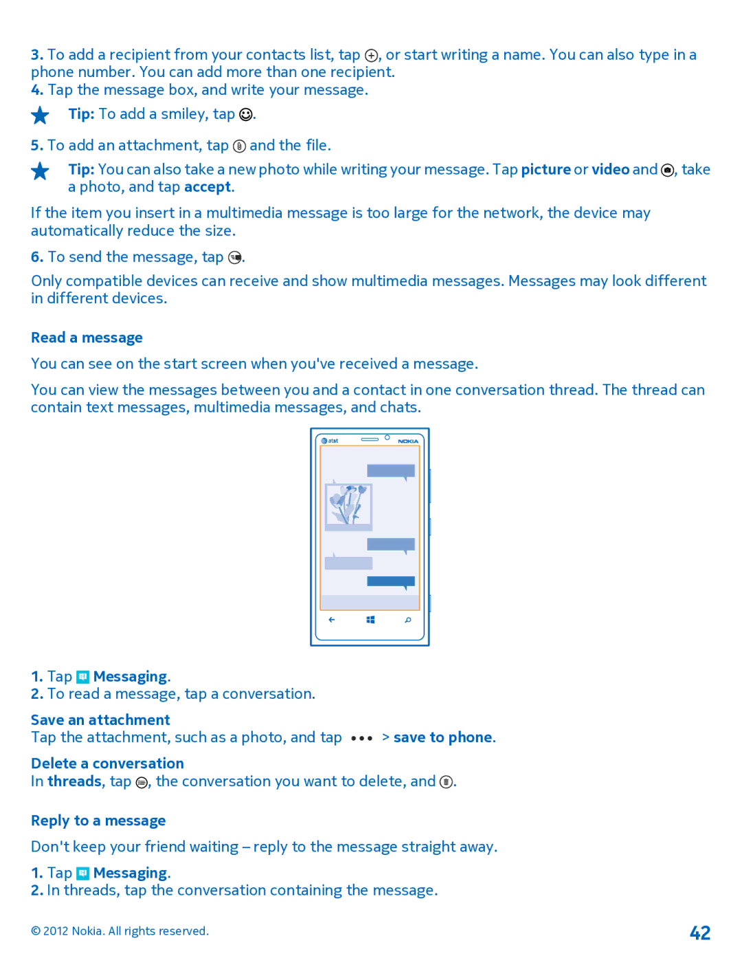 Nokia 920 manual Read a message, Save an attachment, Delete a conversation, Reply to a message 