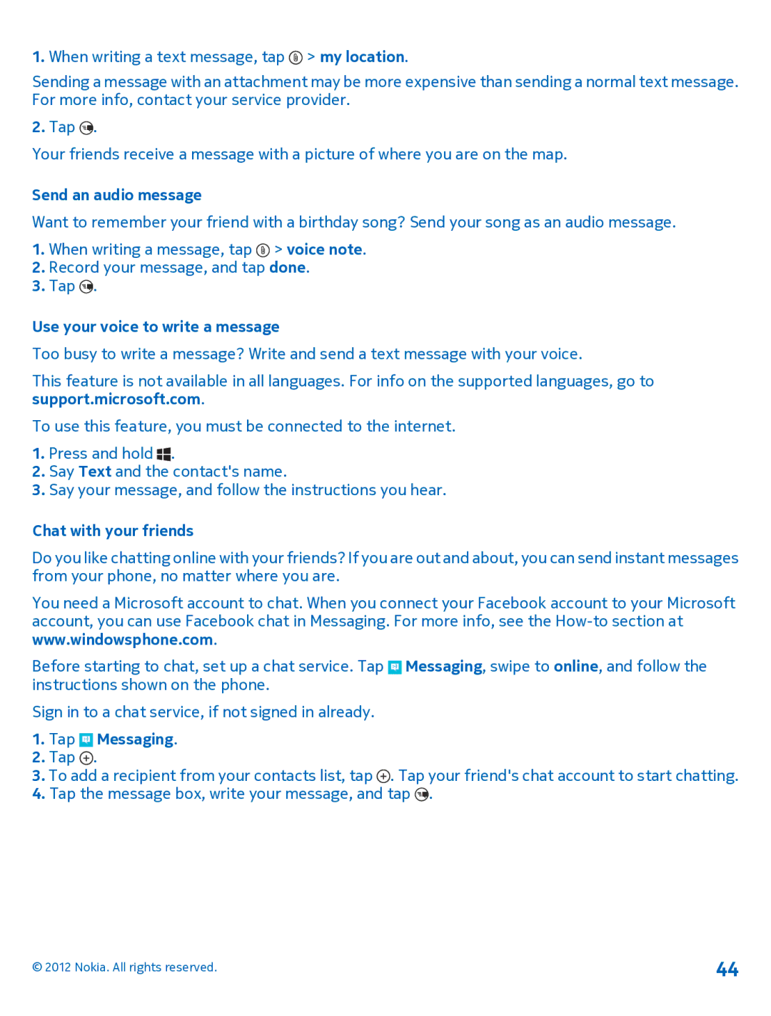 Nokia 920 manual Send an audio message, Use your voice to write a message, Chat with your friends 