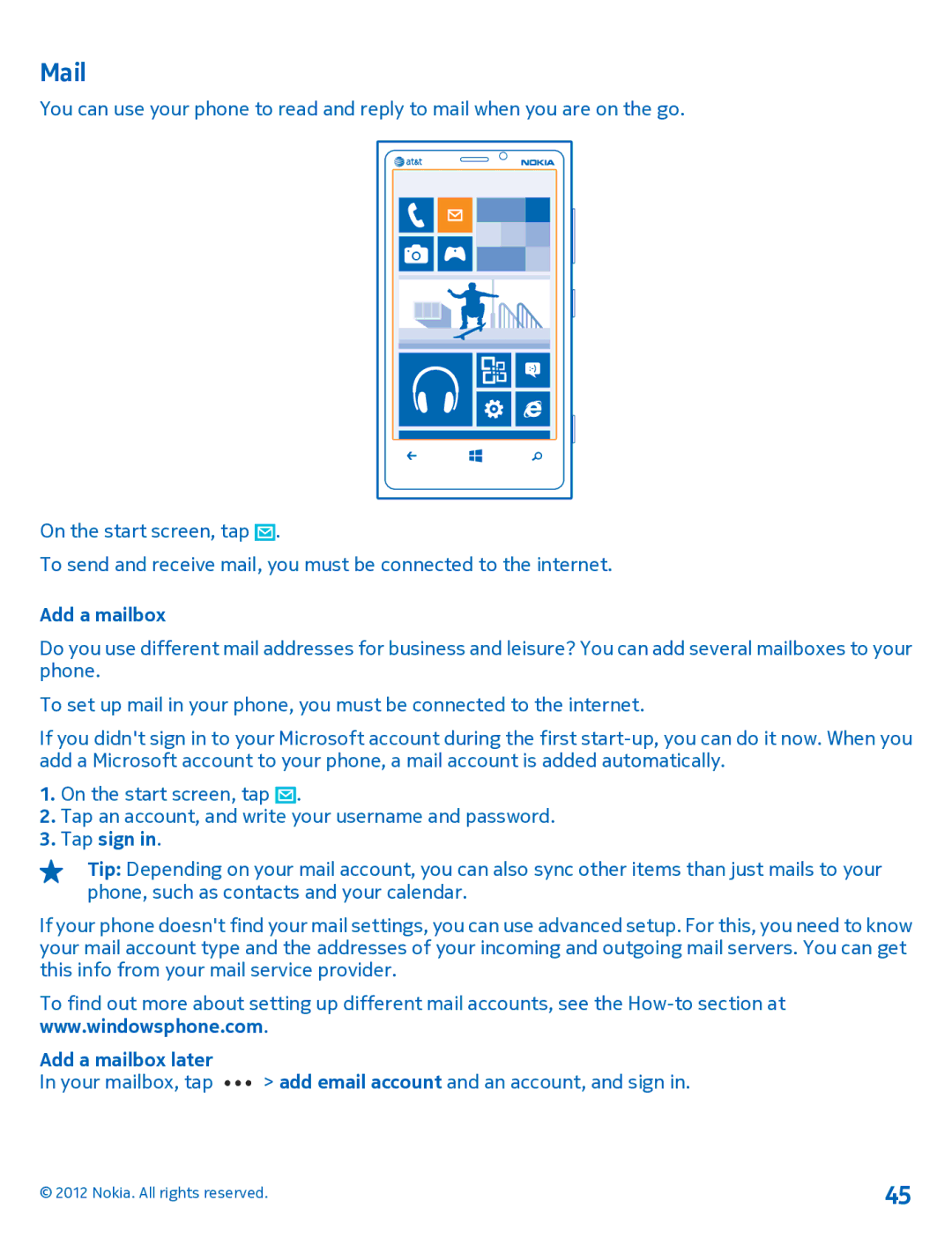 Nokia 920 manual Mail, Tap sign, Add a mailbox later 