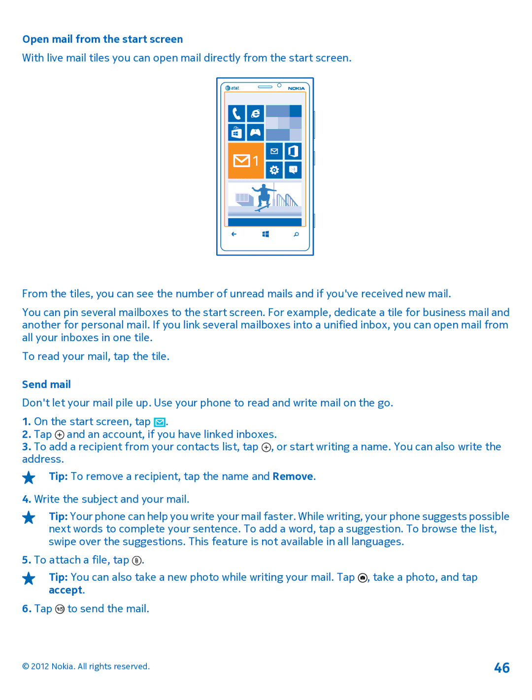 Nokia 920 manual Open mail from the start screen, Send mail 