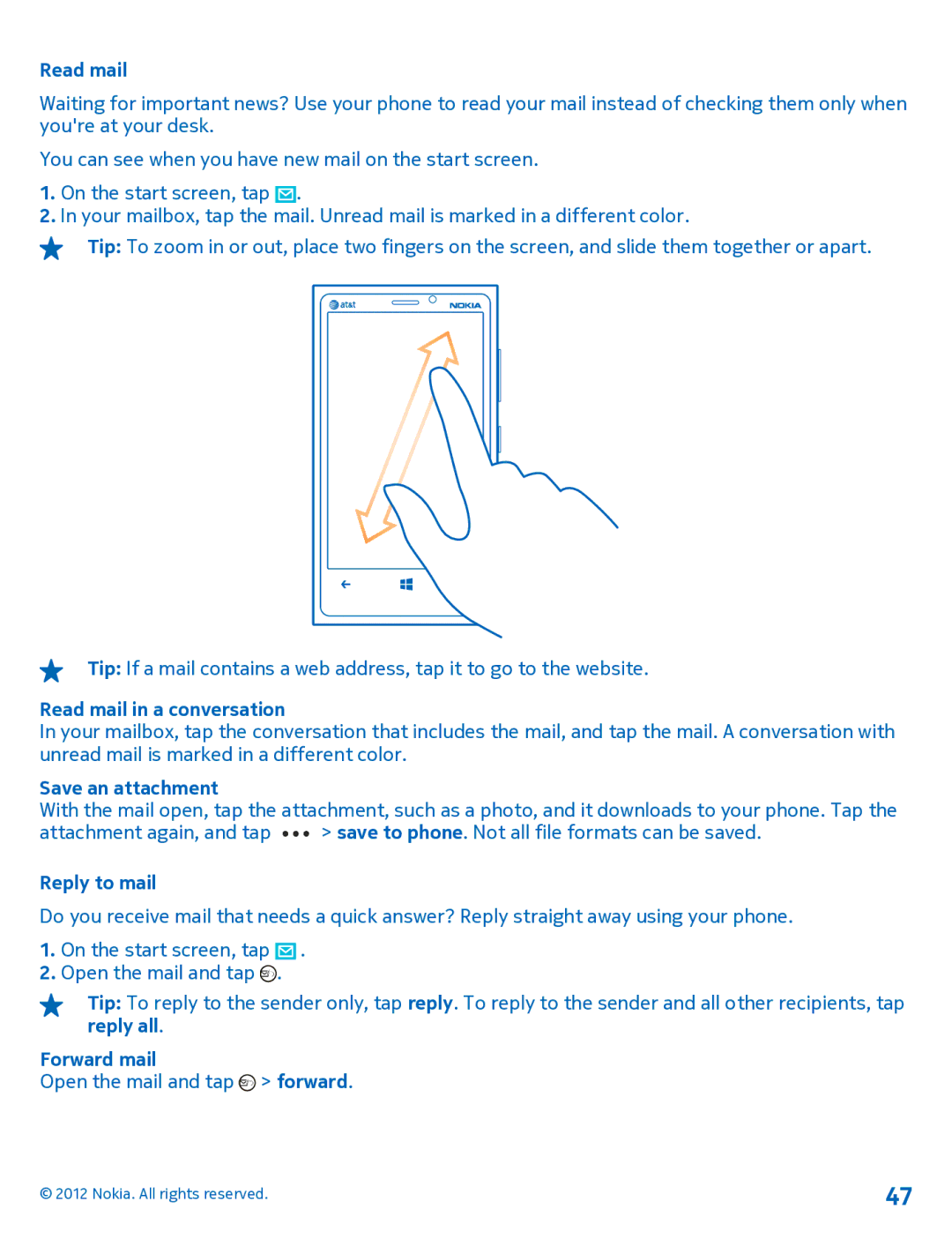 Nokia 920 manual Read mail in a conversation, Reply to mail 