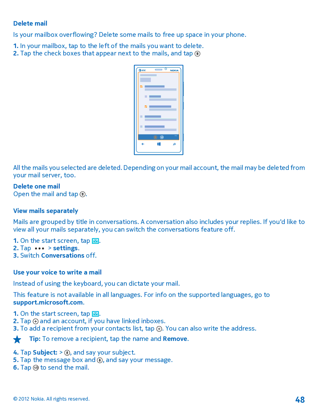 Nokia 920 Delete mail, Delete one mail, View mails separately, Switch Conversations off Use your voice to write a mail 