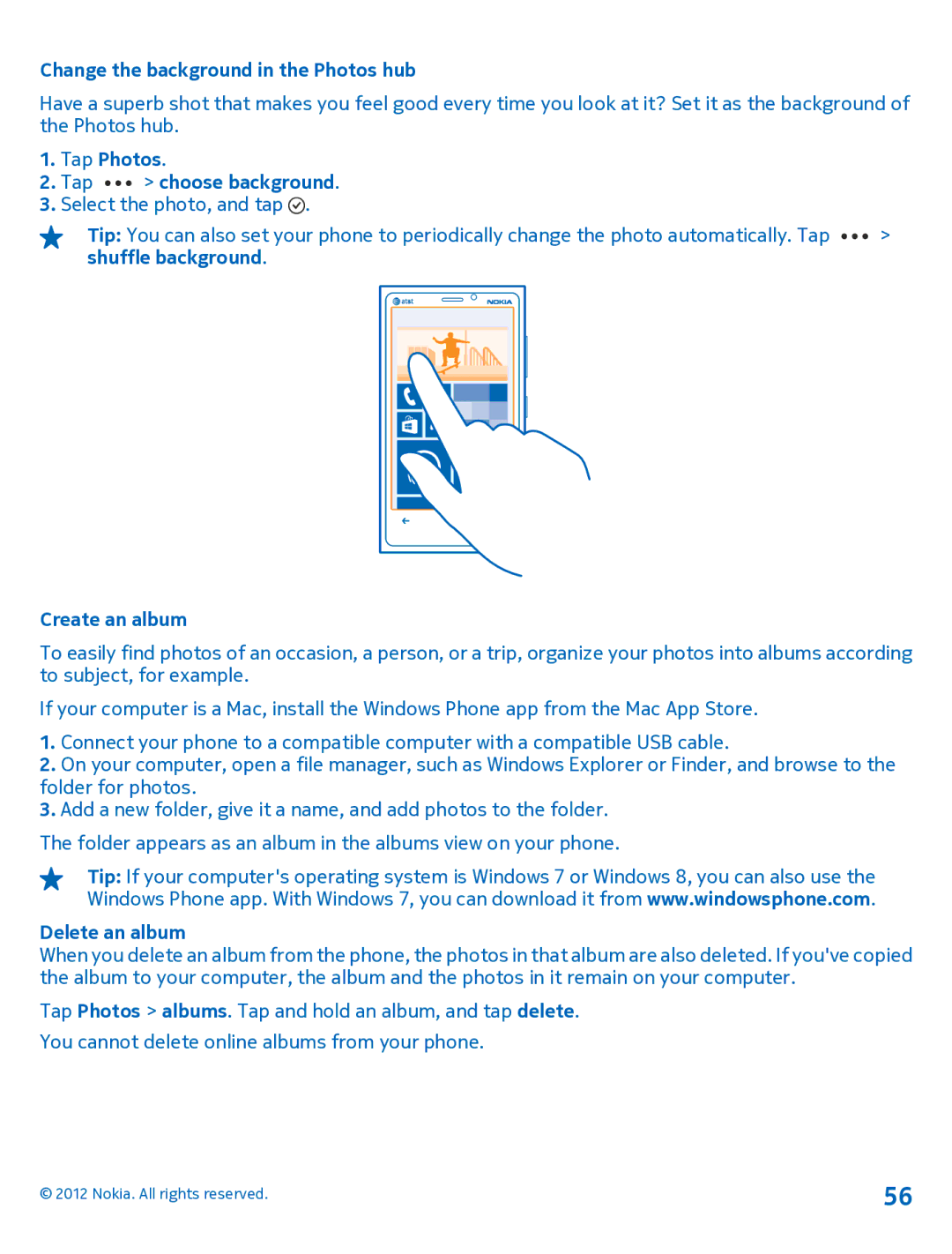 Nokia 920 manual Change the background in the Photos hub, Tap Photos Tap choose background, Delete an album 