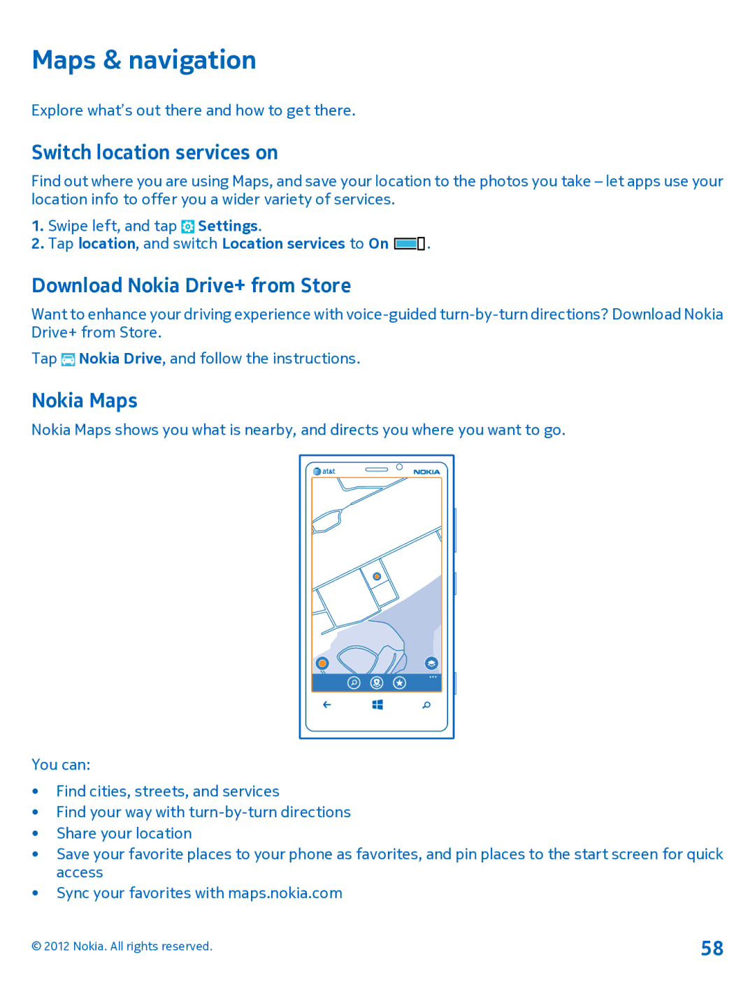 Nokia 920 manual Maps & navigation, Switch location services on, Download Nokia Drive+ from Store, Nokia Maps 