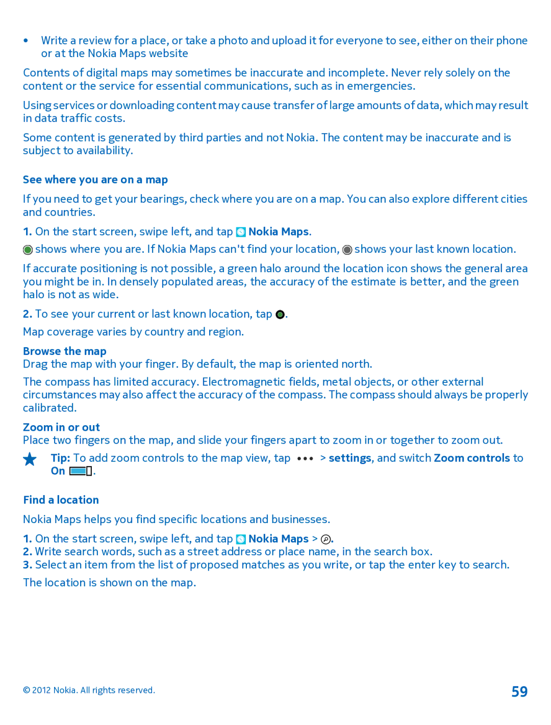 Nokia 920 manual See where you are on a map, Browse the map, Find a location 