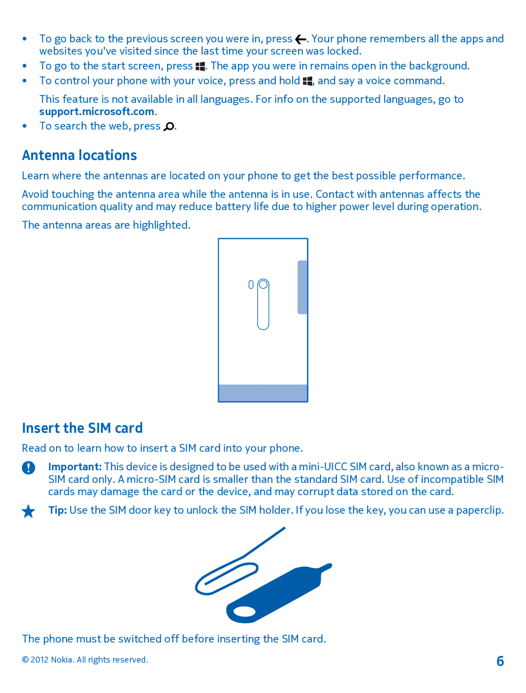 Nokia 920 manual Antenna locations, Insert the SIM card 