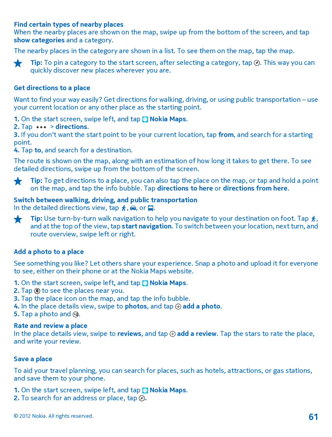 Nokia 920 manual Find certain types of nearby places, Get directions to a place, Tap directions, Add a photo to a place 