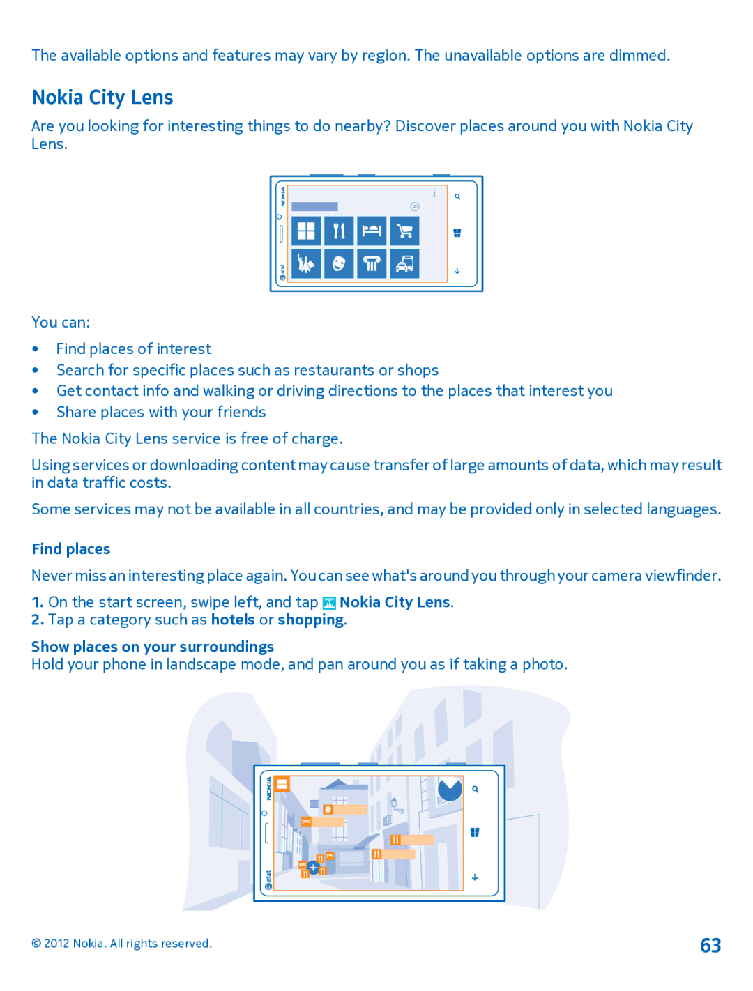 Nokia 920 manual Nokia City Lens, Find places, Show places on your surroundings 