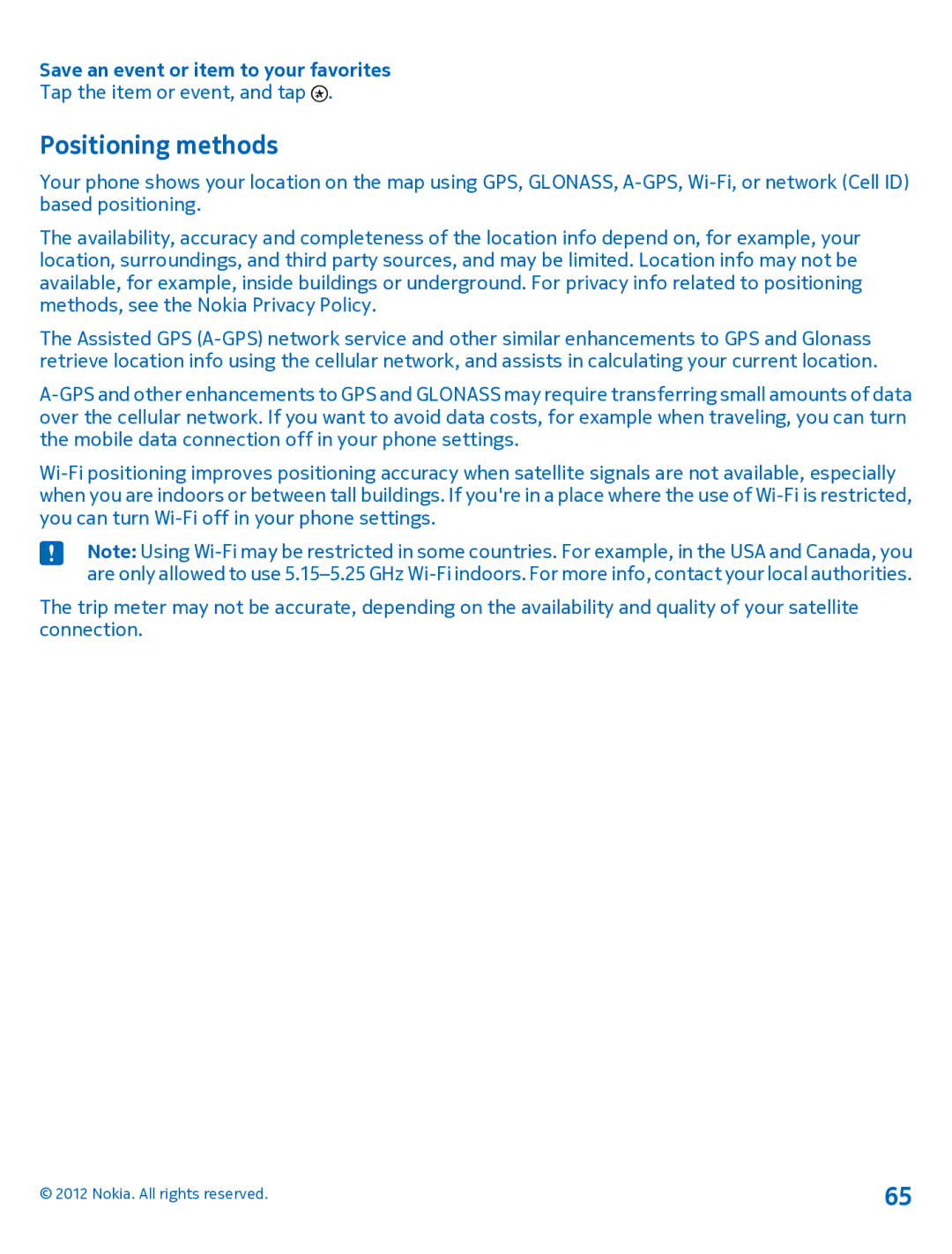 Nokia 920 manual Positioning methods, Save an event or item to your favorites 