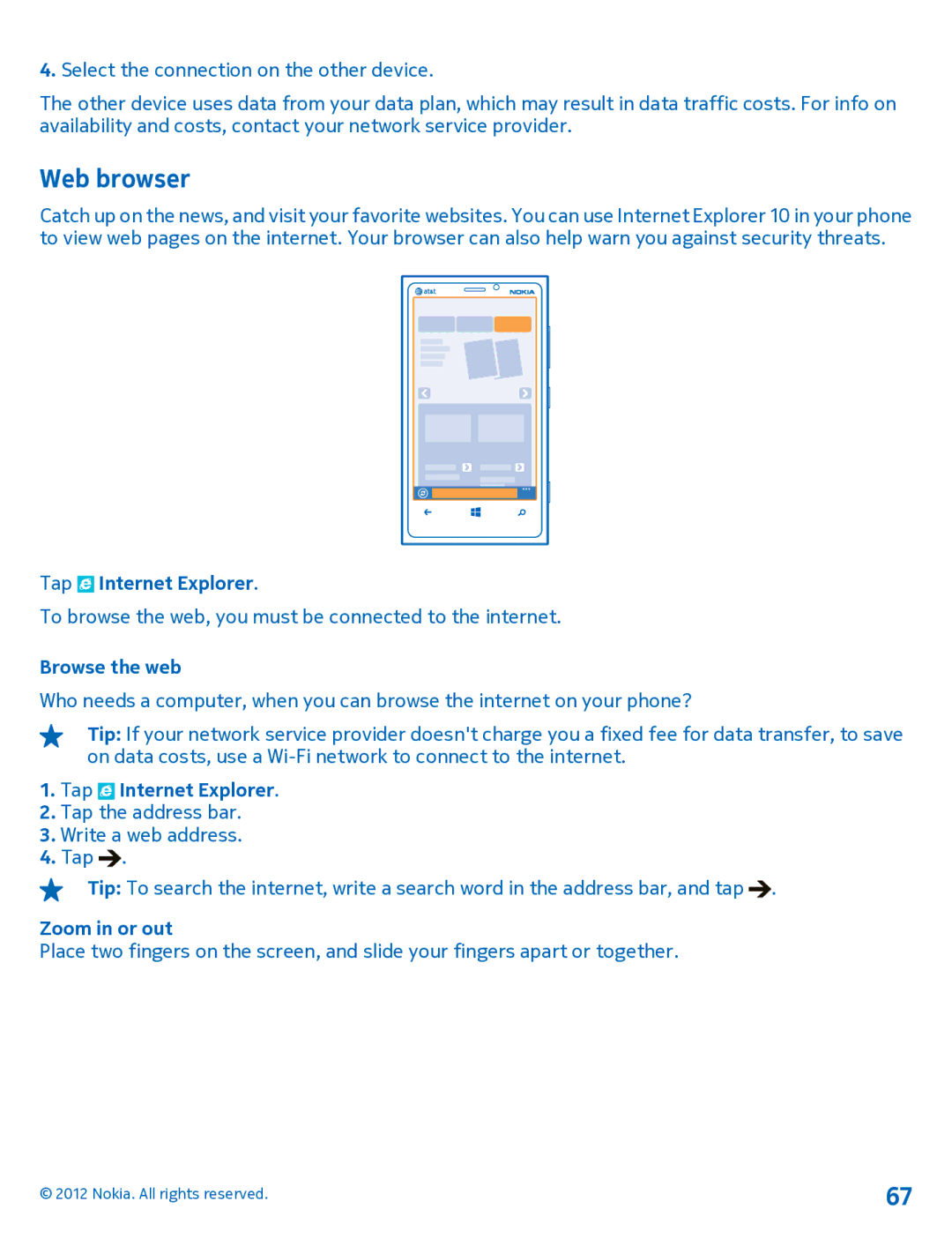 Nokia 920 manual Web browser, Tap Internet Explorer, Browse the web 