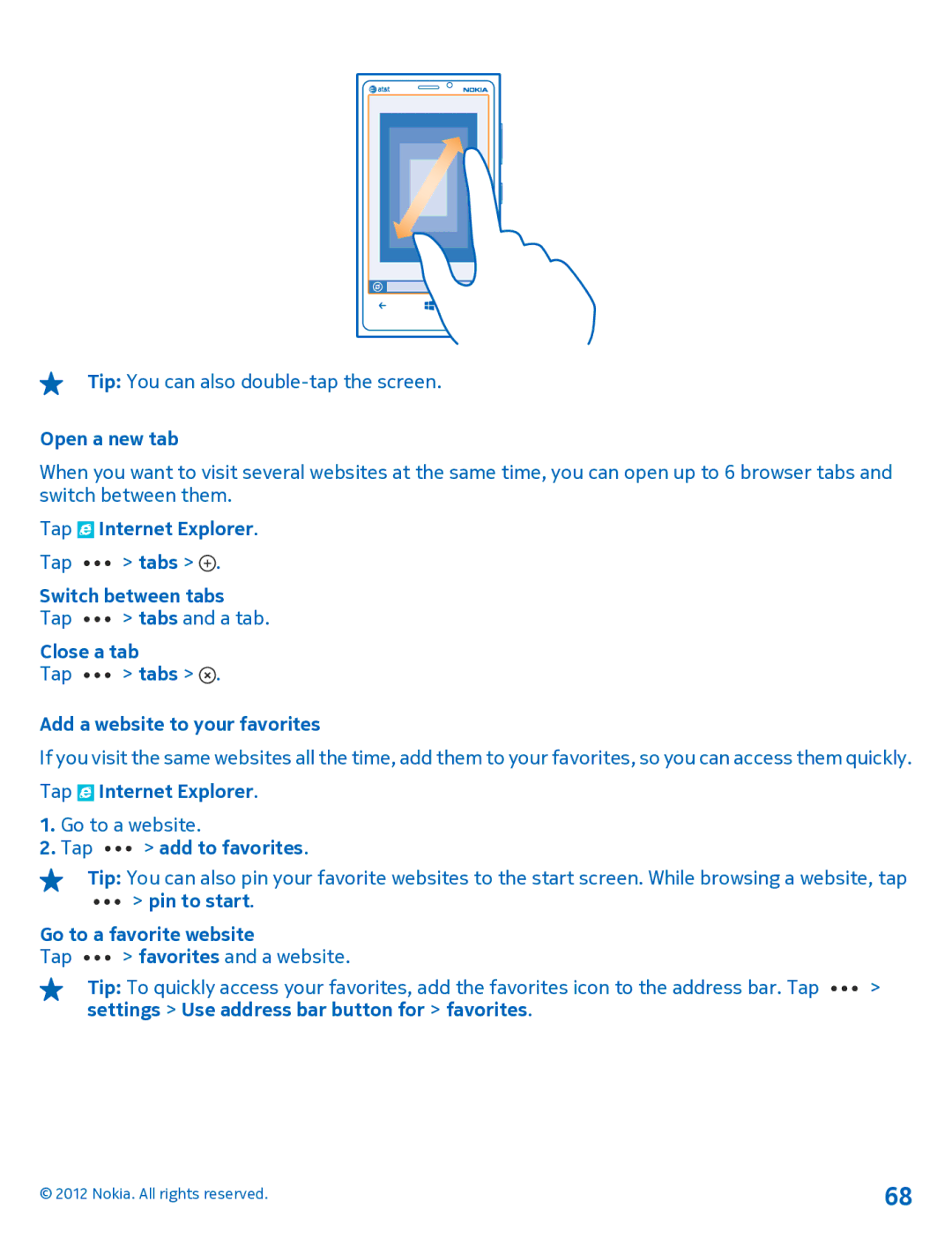 Nokia 920 manual Open a new tab, Switch between tabs, Close a tab, Add a website to your favorites 