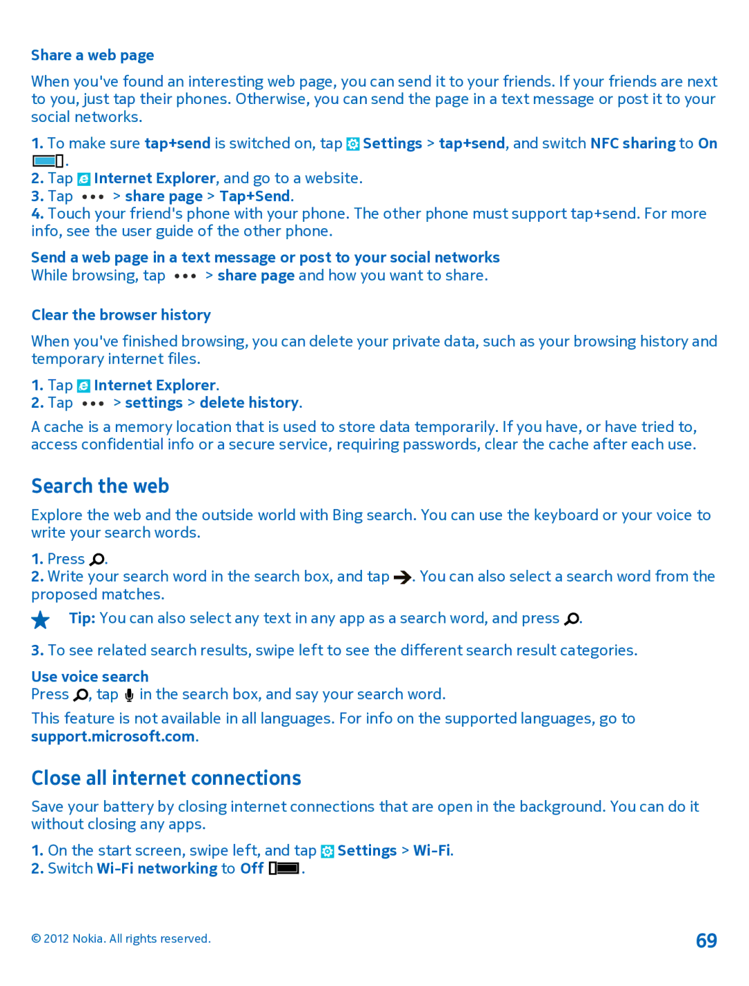 Nokia 920 manual Search the web, Close all internet connections 