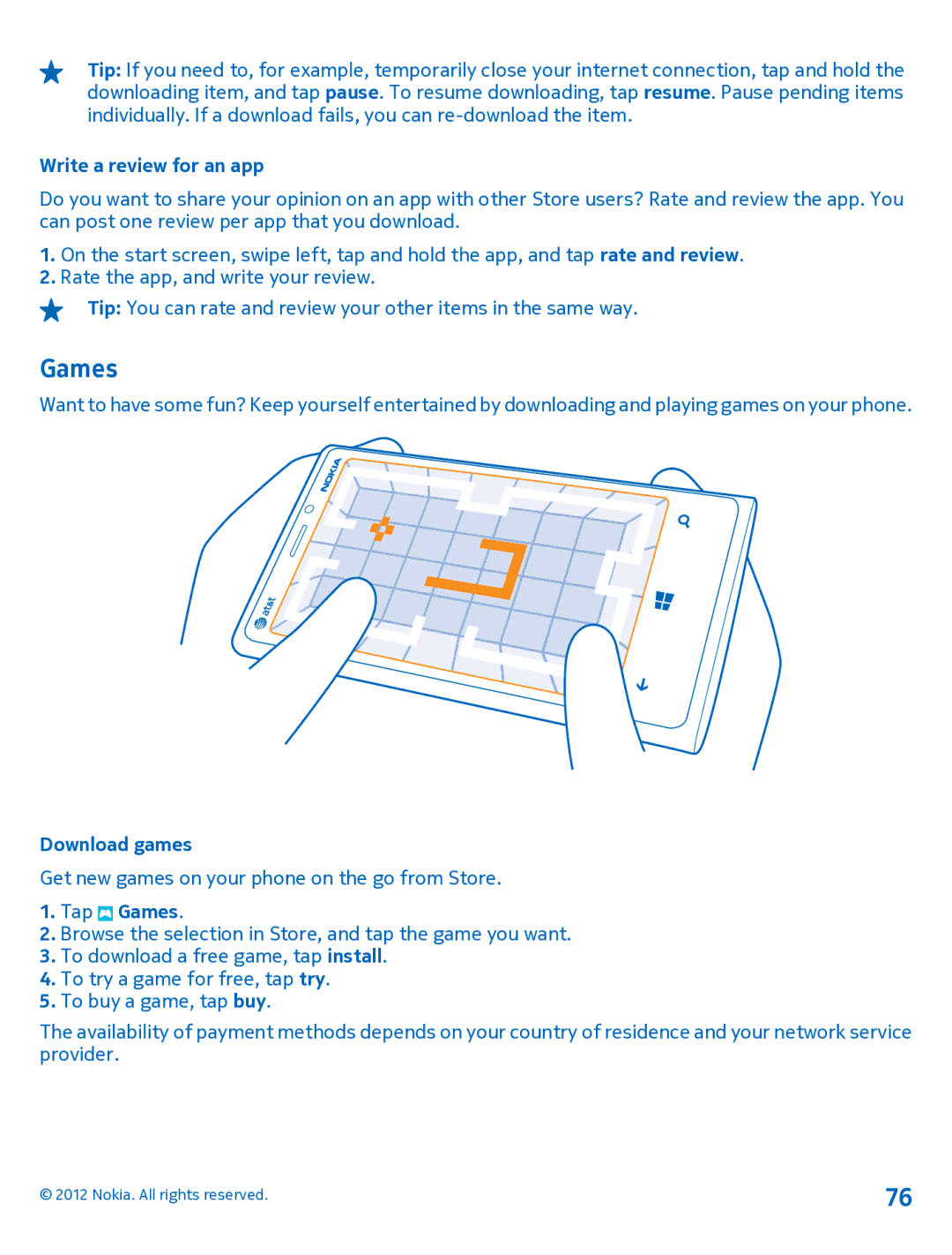 Nokia 920 manual Write a review for an app, Download games, Tap Games 