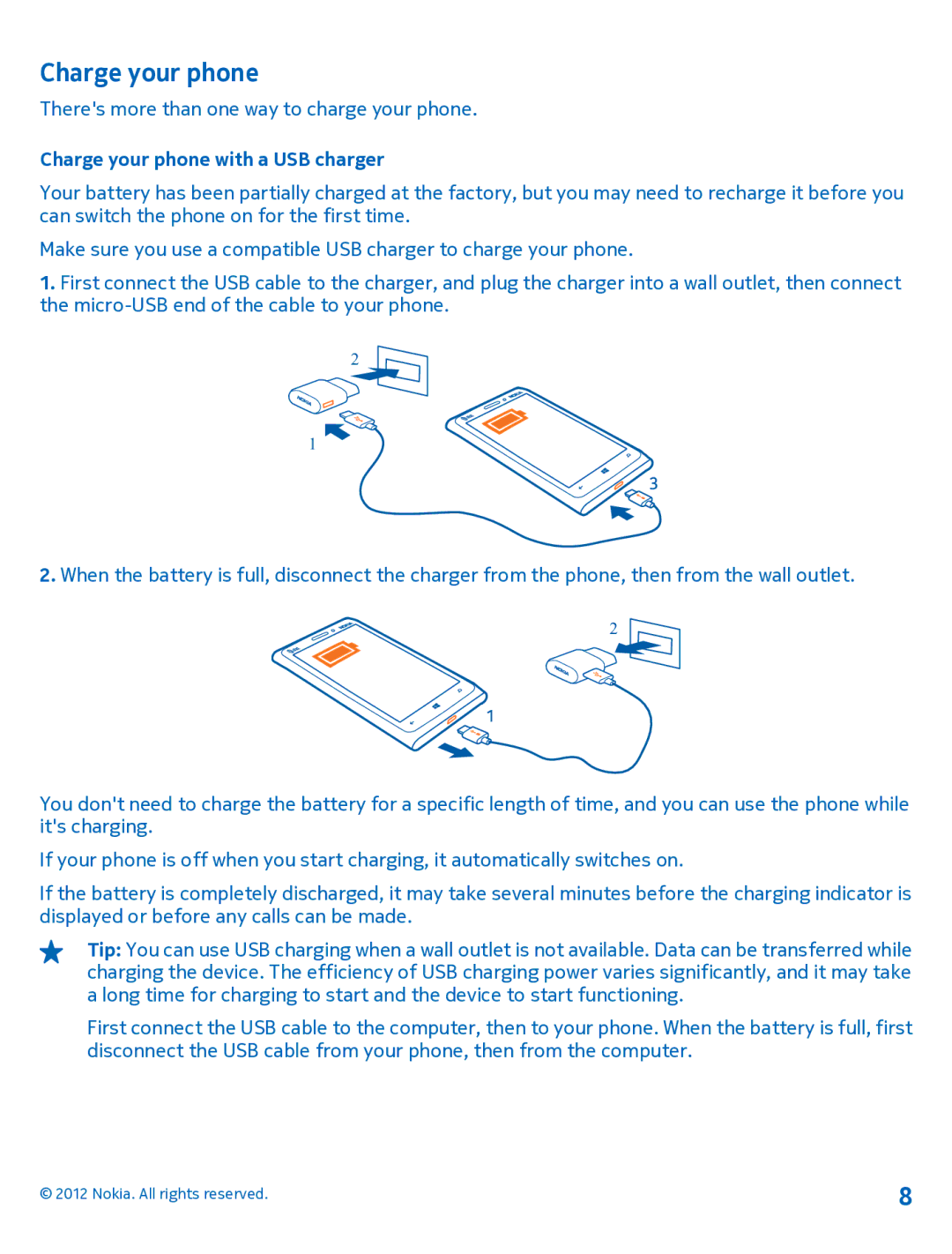 Nokia 920 manual Charge your phone with a USB charger 