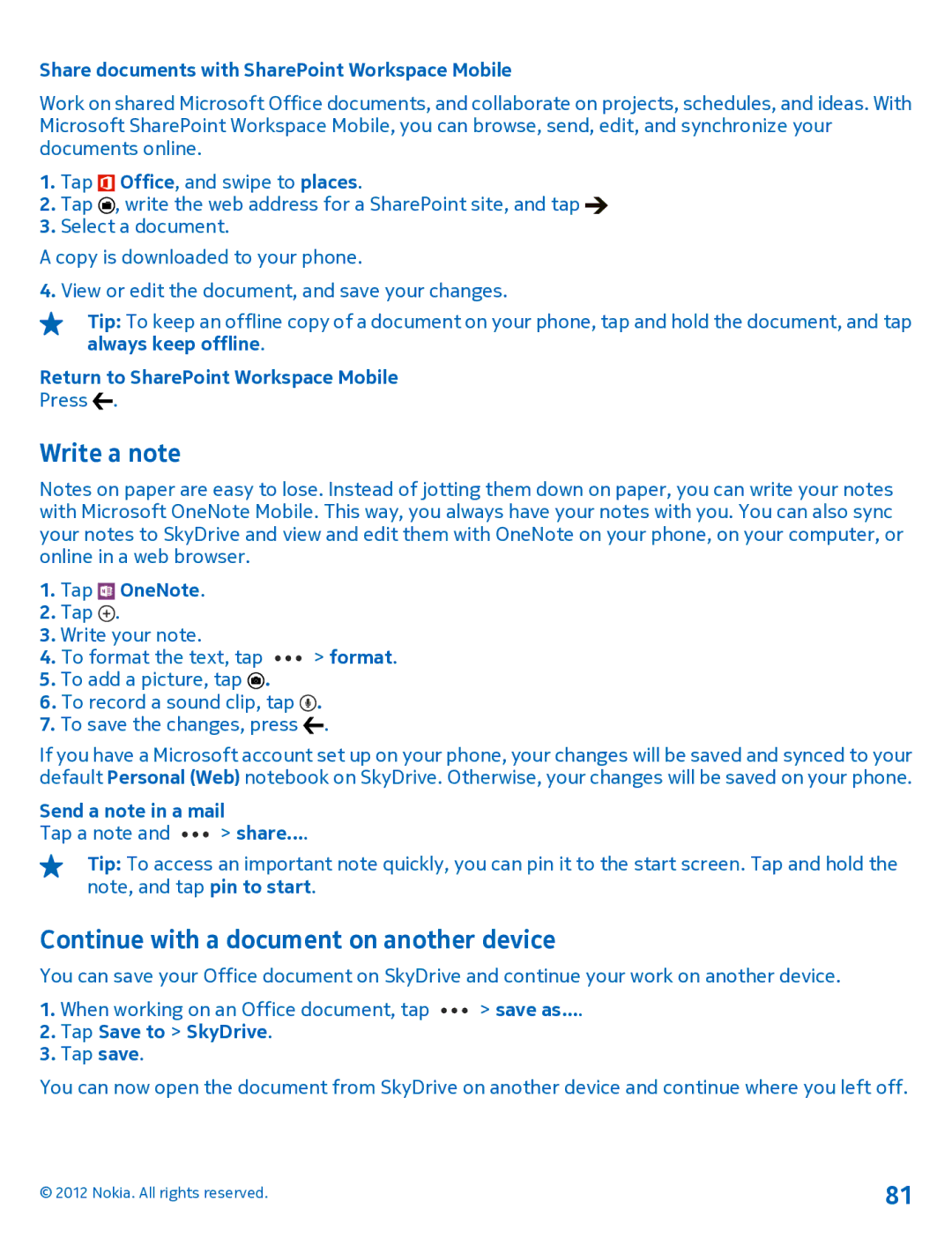 Nokia 920 manual Write a note, Continue with a document on another device, Share documents with SharePoint Workspace Mobile 