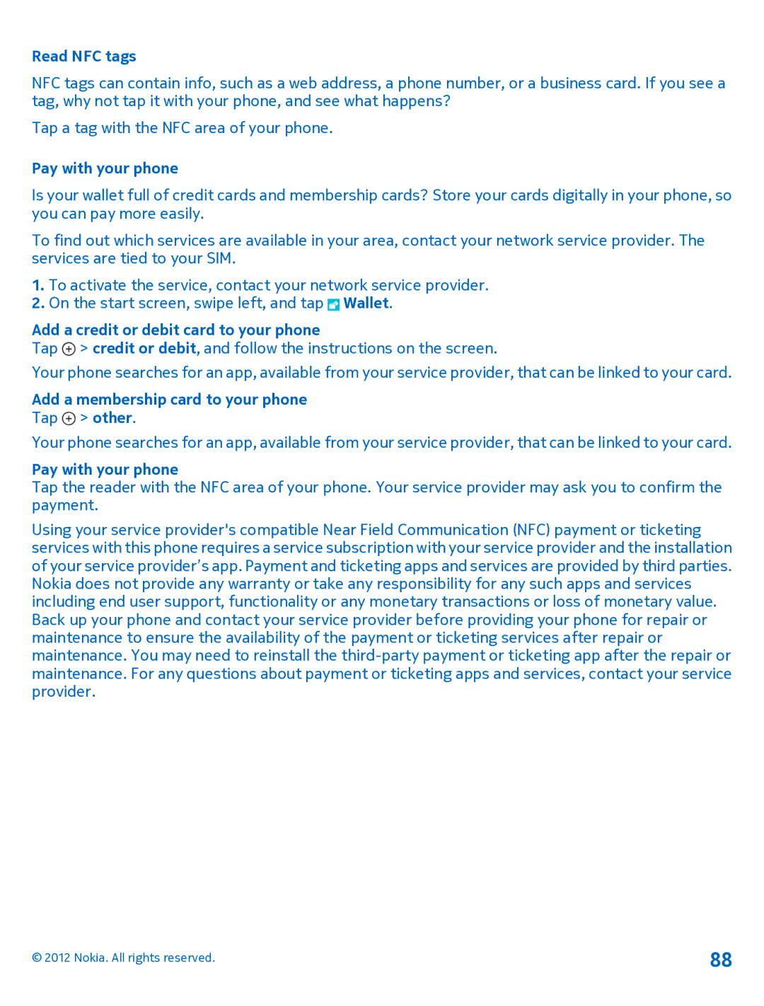 Nokia 920 manual Read NFC tags, Pay with your phone, Add a credit or debit card to your phone 