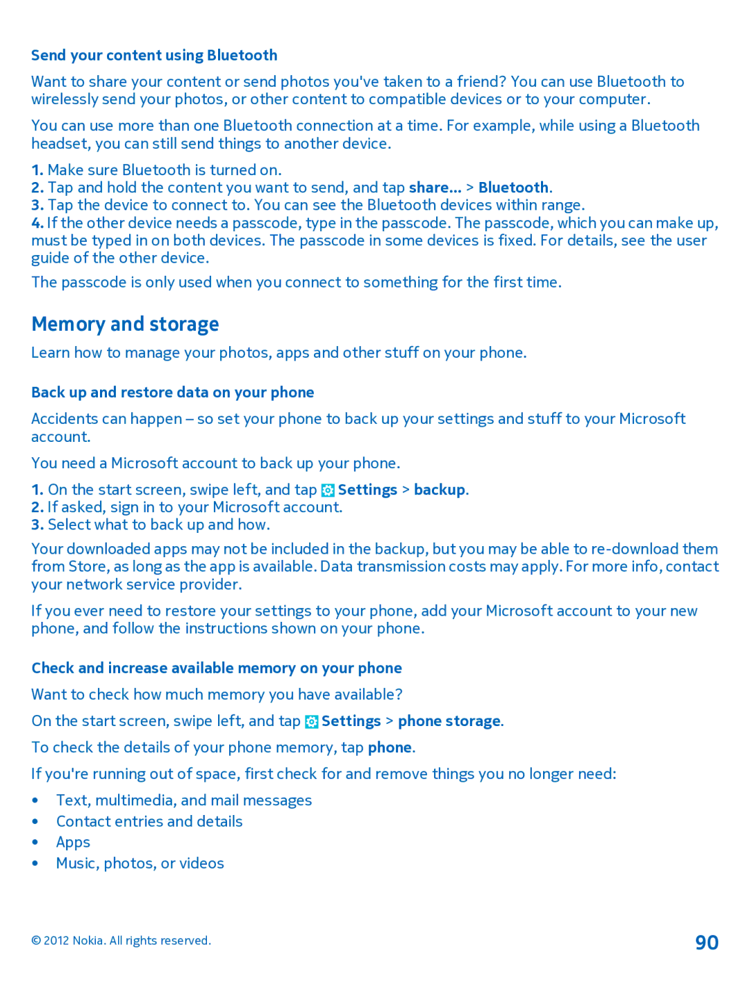 Nokia 920 manual Memory and storage, Send your content using Bluetooth, Back up and restore data on your phone 