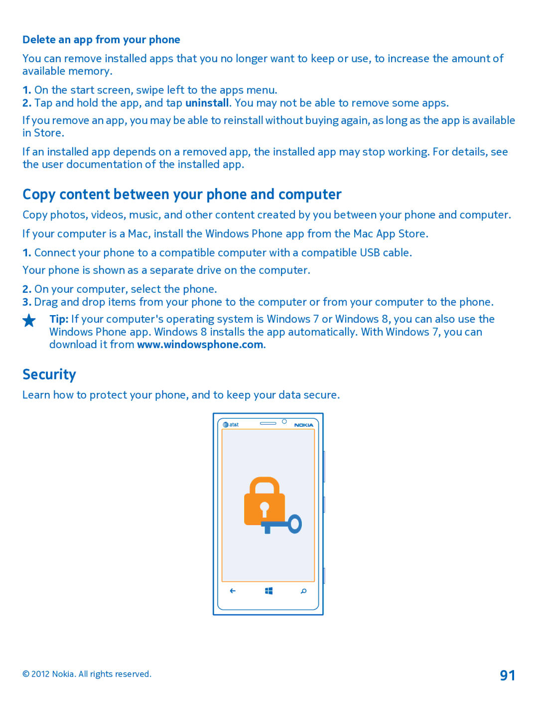 Nokia 920 manual Copy content between your phone and computer, Security, Delete an app from your phone 