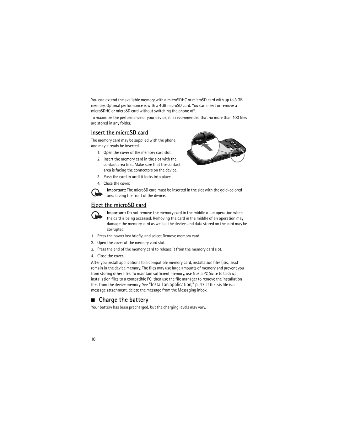 Nokia 9210644 manual Charge the battery, Insert the microSD card, Eject the microSD card 