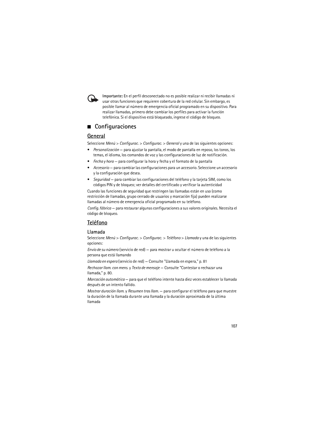 Nokia 9210644 manual Configuraciones, Teléfono, Llamada, 107 