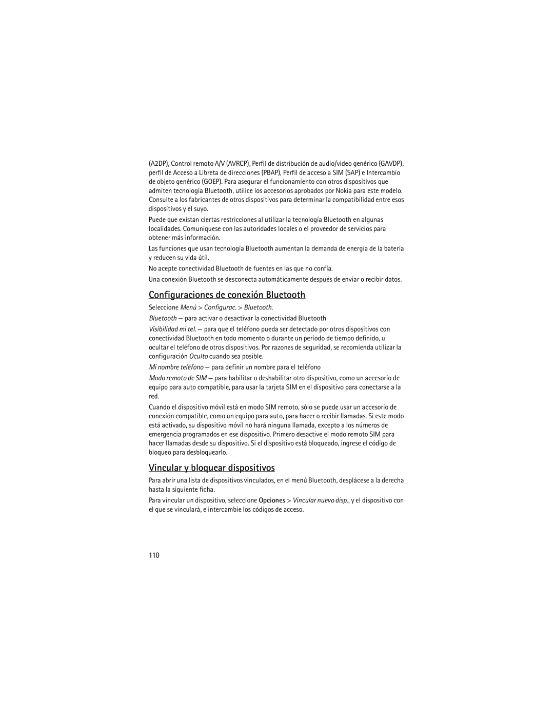 Nokia 9210644 manual Configuraciones de conexión Bluetooth, Vincular y bloquear dispositivos, 110 