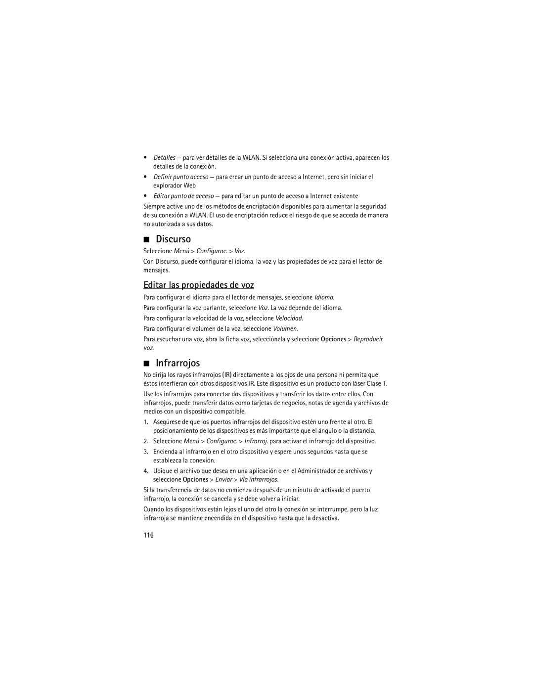 Nokia 9210644 manual Discurso, Infrarrojos, Editar las propiedades de voz, 116, Seleccione Menú Configurac. Voz 