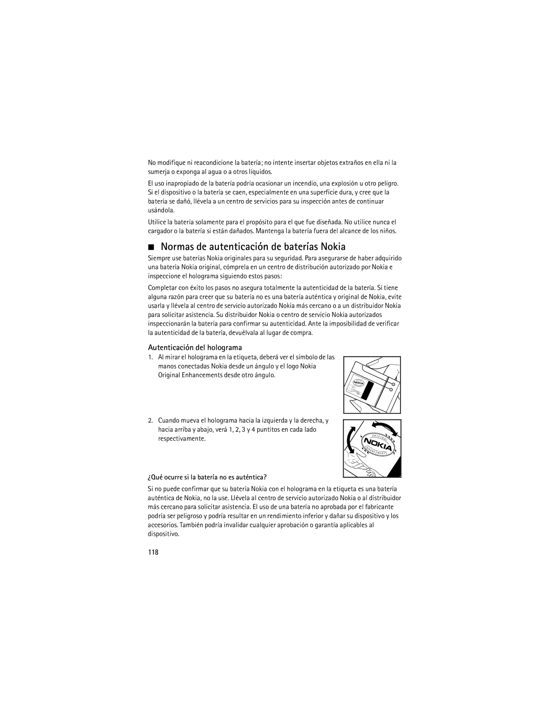 Nokia 9210644 manual Normas de autenticación de baterías Nokia, Autenticación del holograma, 118 