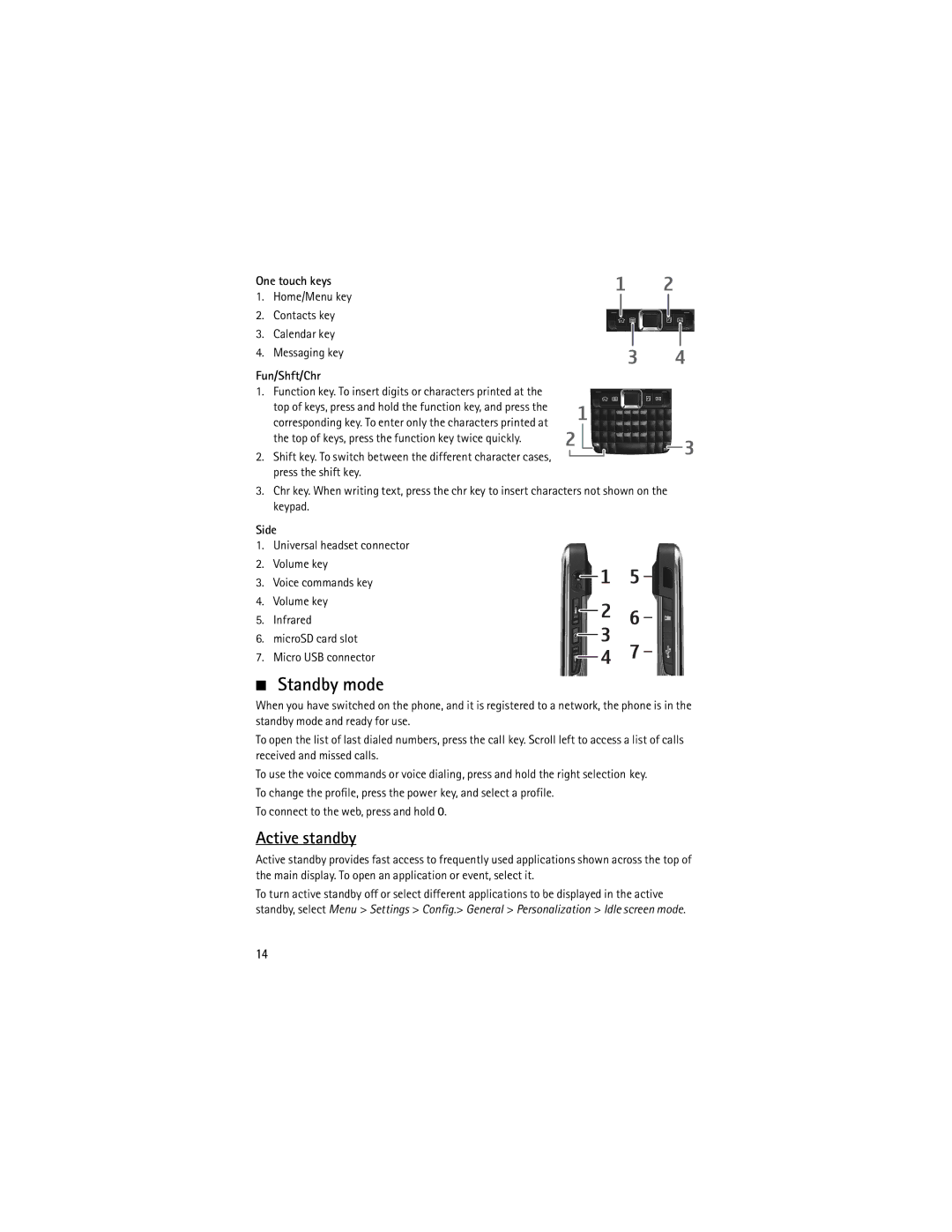 Nokia 9210644 manual Standby mode, Active standby, One touch keys, Fun/Shft/Chr, Side 