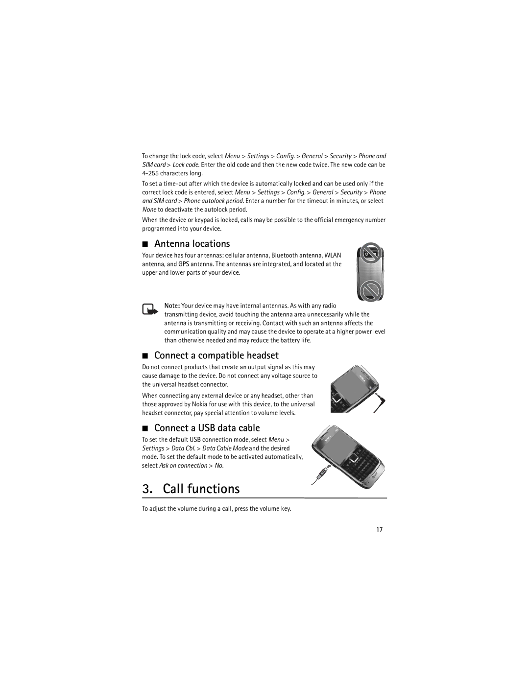 Nokia 9210644 manual Call functions, Antenna locations, Connect a compatible headset, Connect a USB data cable 