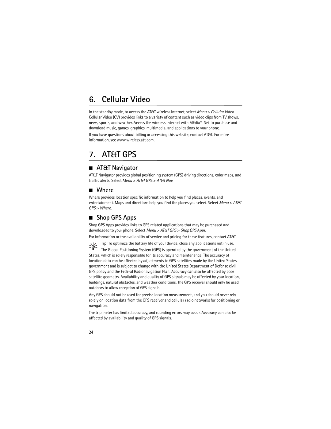 Nokia 9210644 manual Cellular Video, AT&T Navigator, Where, Shop GPS Apps 