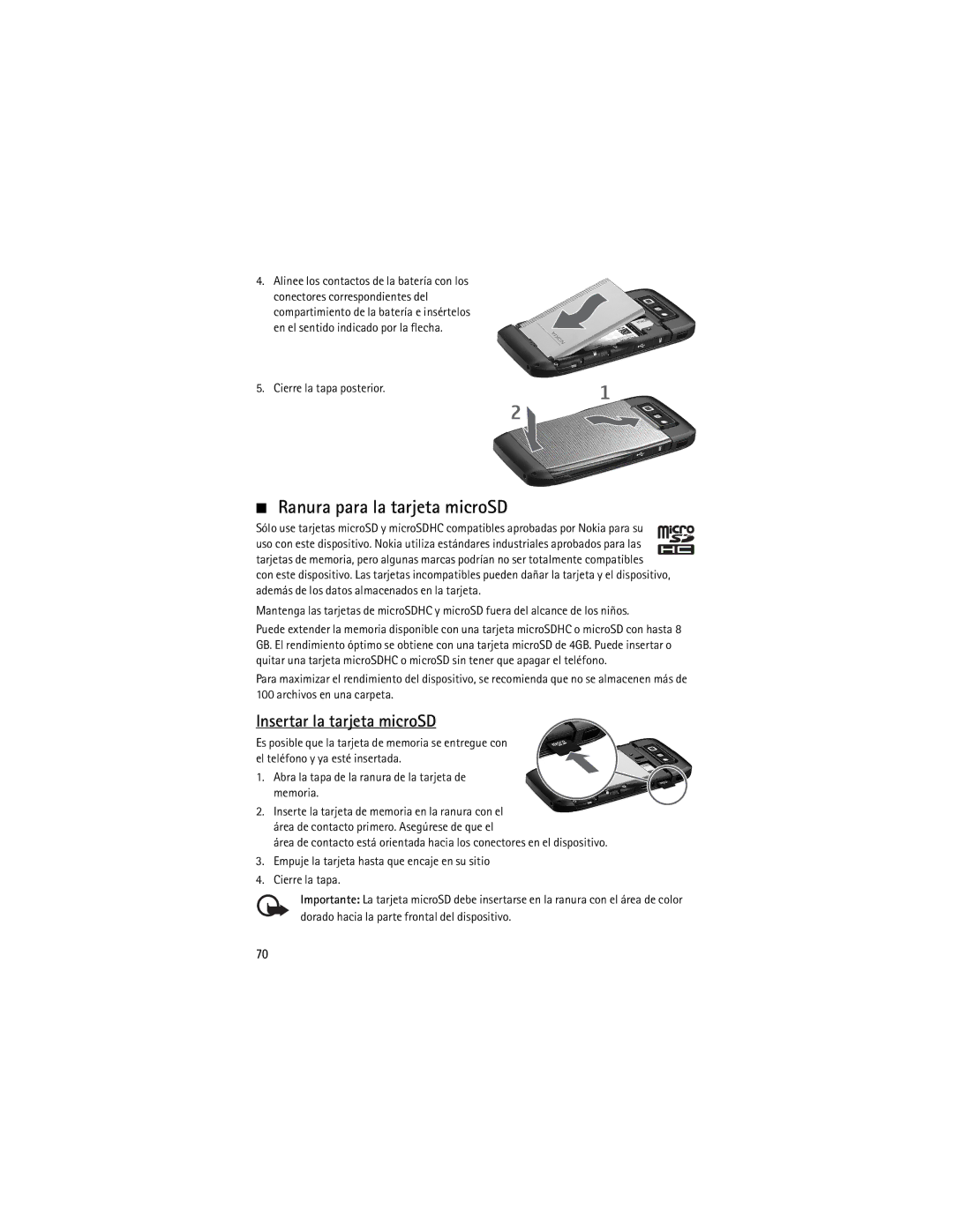 Nokia 9210644 manual Ranura para la tarjeta microSD, Insertar la tarjeta microSD, Cierre la tapa posterior 