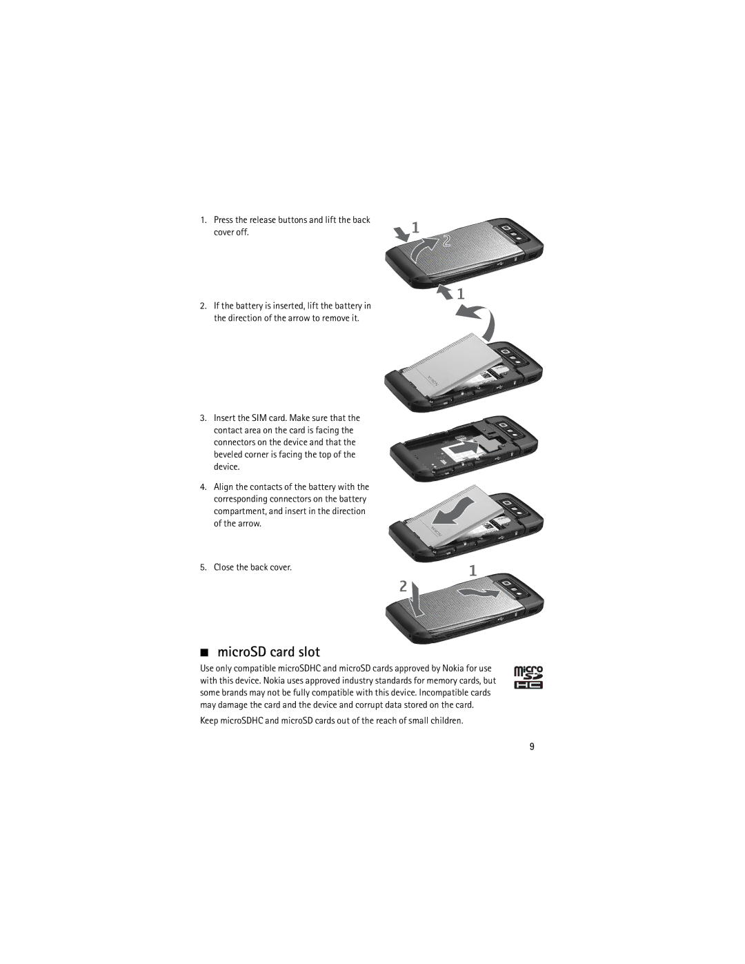 Nokia 9210644 manual MicroSD card slot, Press the release buttons and lift the back cover off 