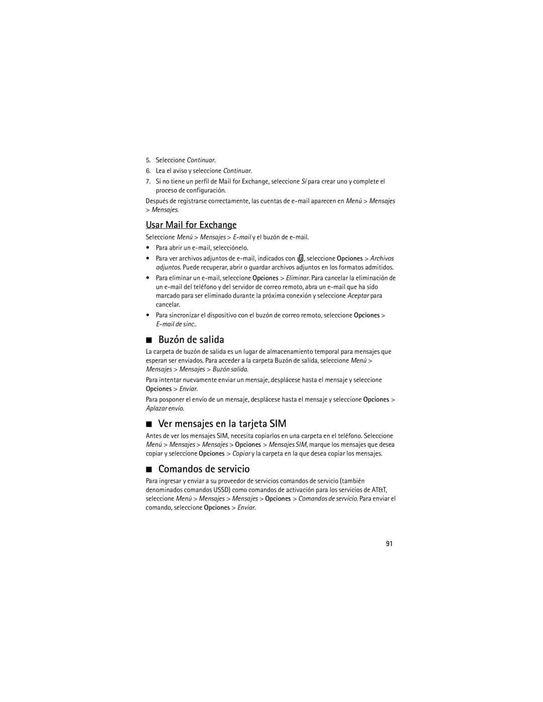 Nokia 9210644 manual Buzón de salida, Ver mensajes en la tarjeta SIM, Comandos de servicio, Usar Mail for Exchange 