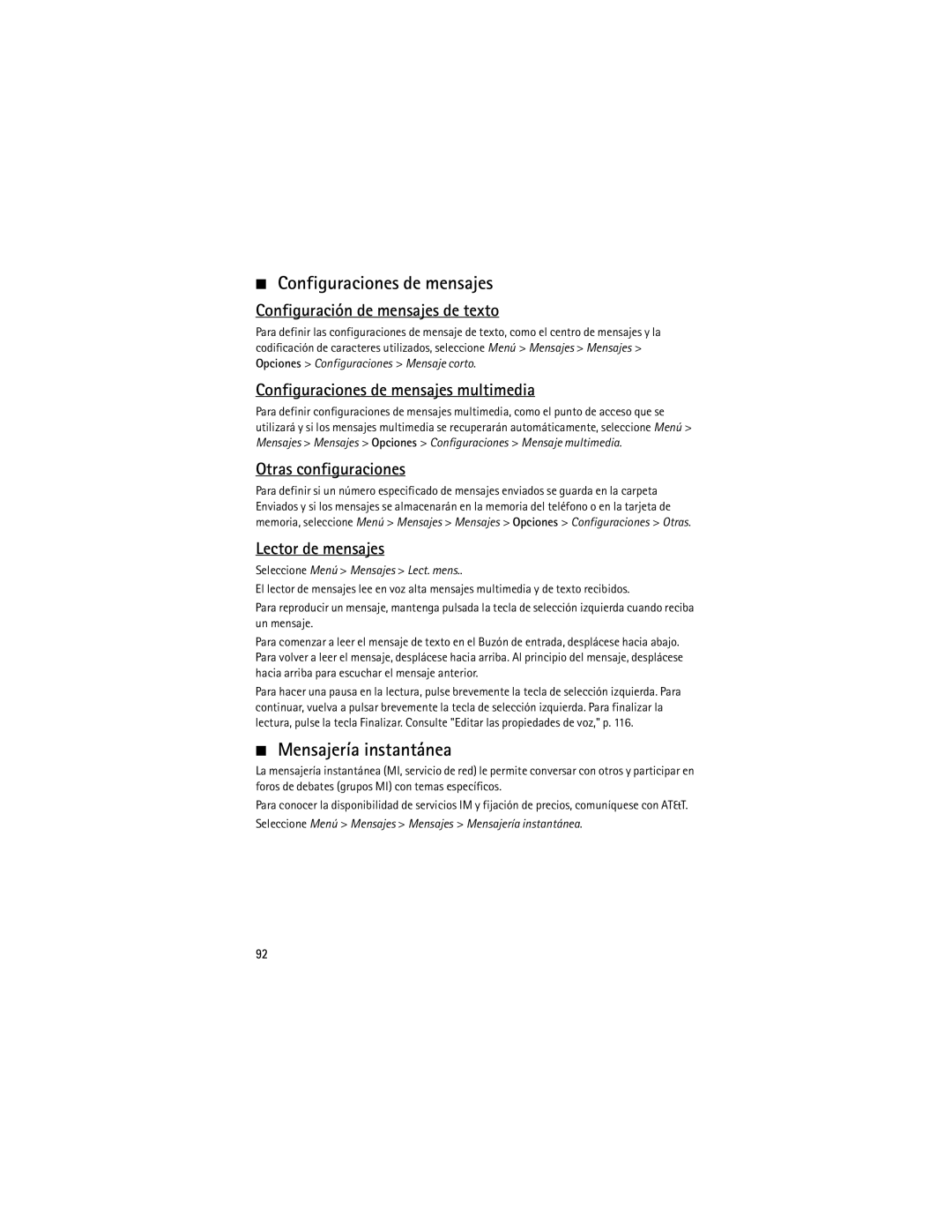 Nokia 9210644 manual Configuraciones de mensajes, Mensajería instantánea 