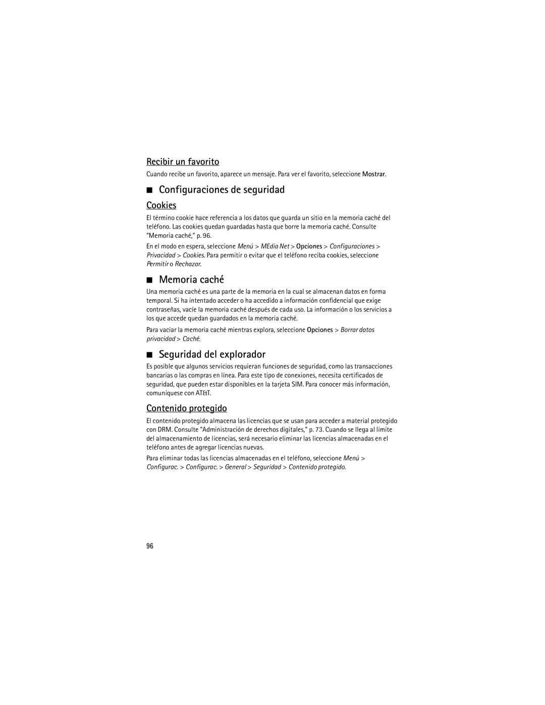 Nokia 9210644 manual Configuraciones de seguridad, Memoria caché, Seguridad del explorador, Recibir un favorito 