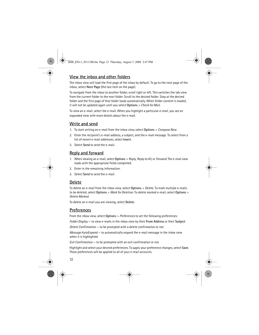 Nokia 9211380 manual View the inbox and other folders, Write and send, Reply and forward, Delete, Preferences 