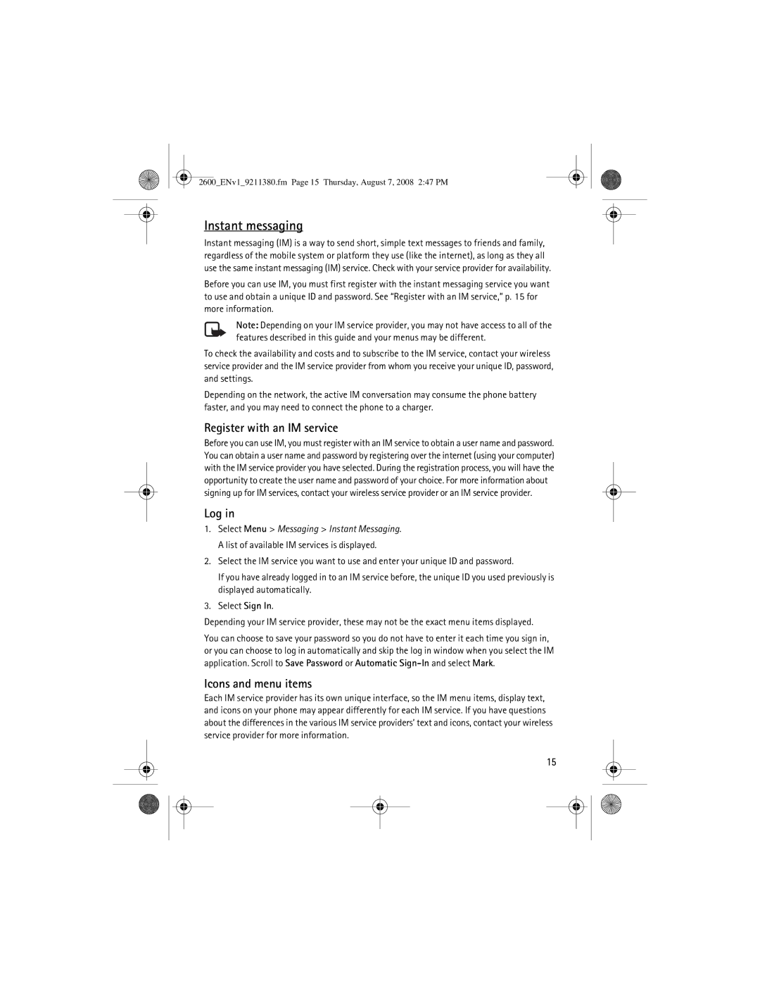 Nokia 9211380 manual Instant messaging, Register with an IM service, Log, Icons and menu items 