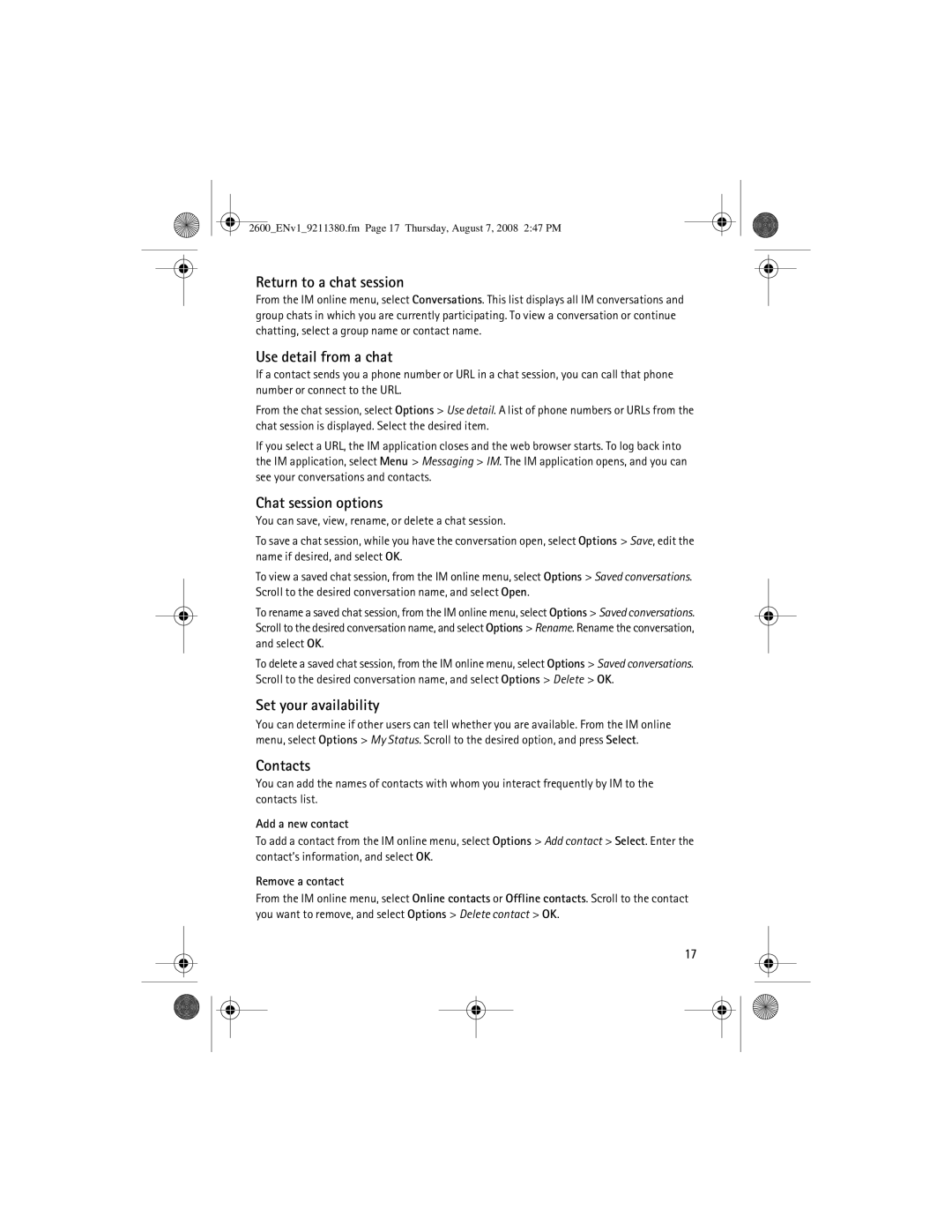 Nokia 9211380 Return to a chat session, Use detail from a chat, Chat session options, Set your availability, Contacts 