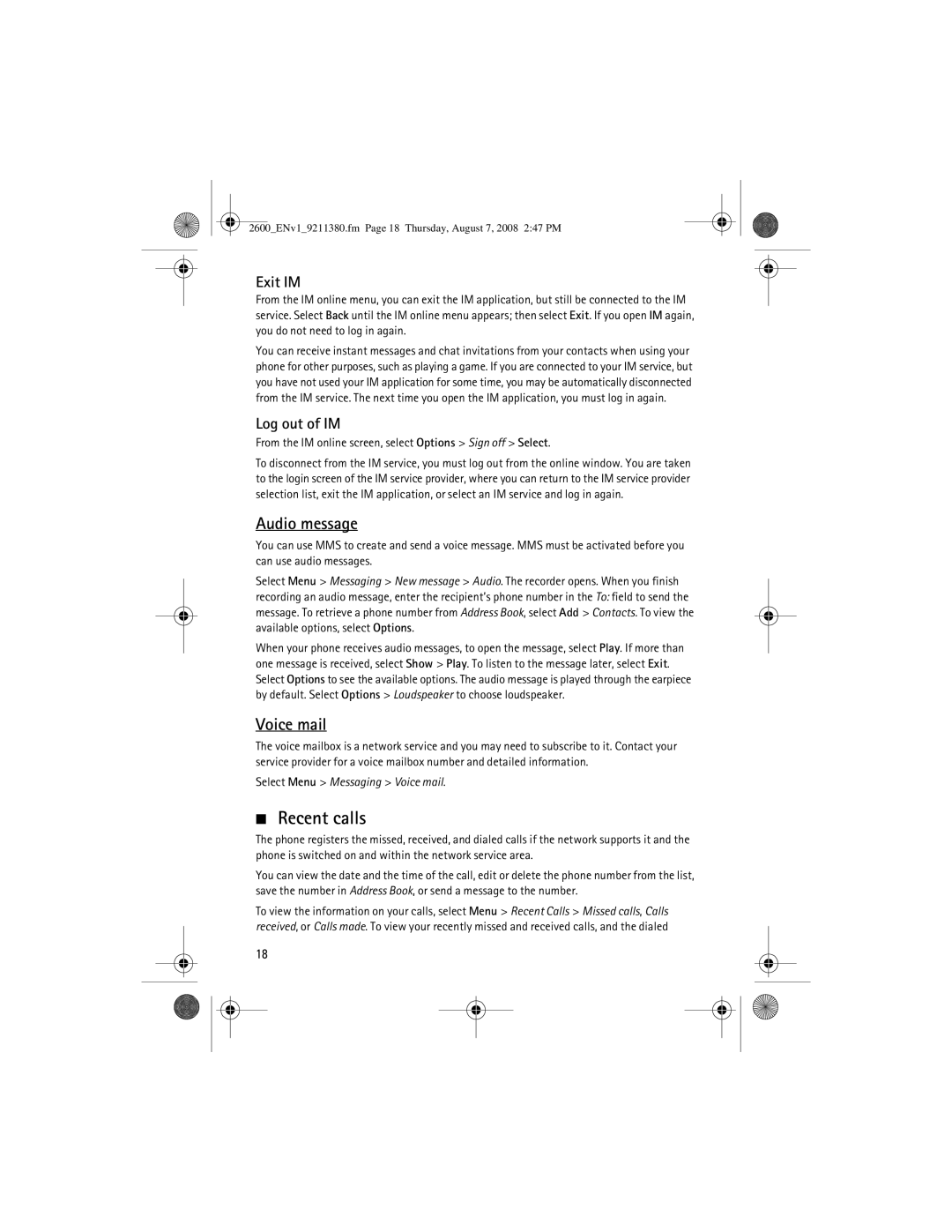 Nokia 9211380 manual Recent calls, Audio message, Voice mail, Exit IM, Log out of IM 