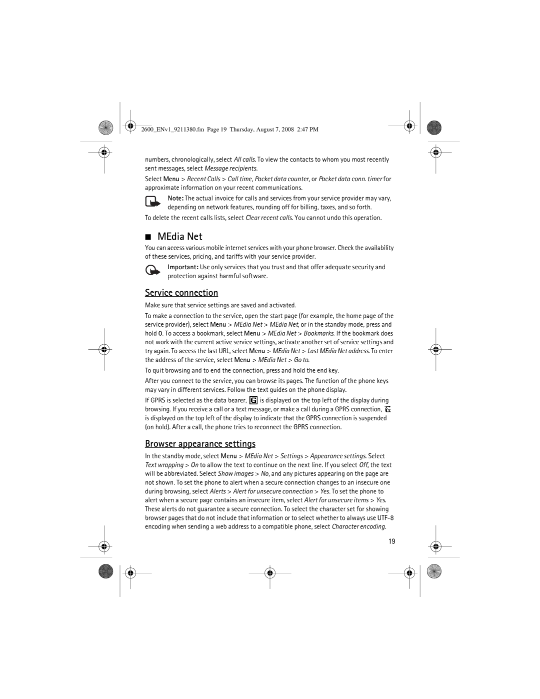 Nokia 9211380 manual MEdia Net, Service connection, Browser appearance settings 