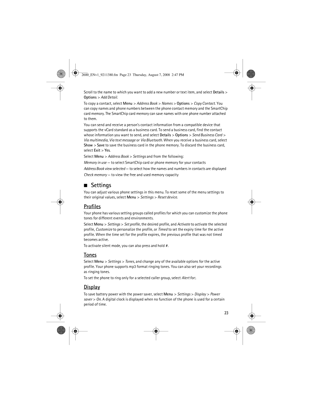 Nokia 9211380 manual Settings, Profiles, Tones, Display 