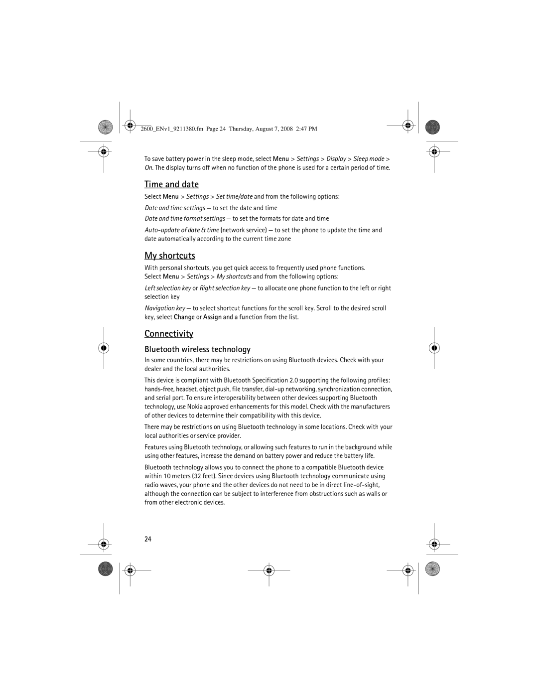 Nokia 9211380 manual Time and date, My shortcuts, Connectivity, Bluetooth wireless technology 