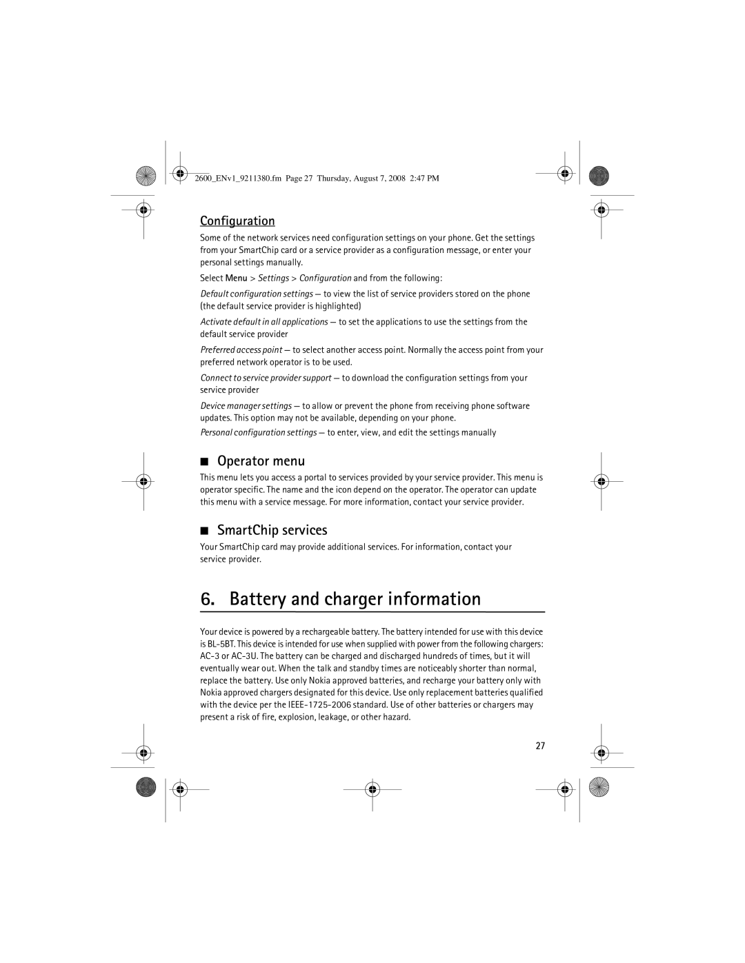 Nokia 9211380 manual Battery and charger information, Operator menu, SmartChip services, Configuration 